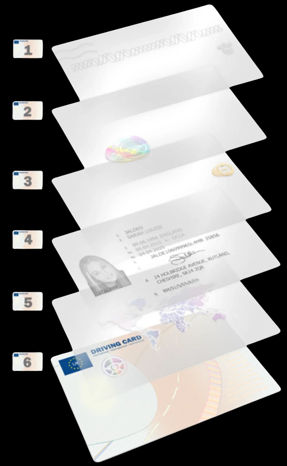 Realistic fake ID card with holographic security features